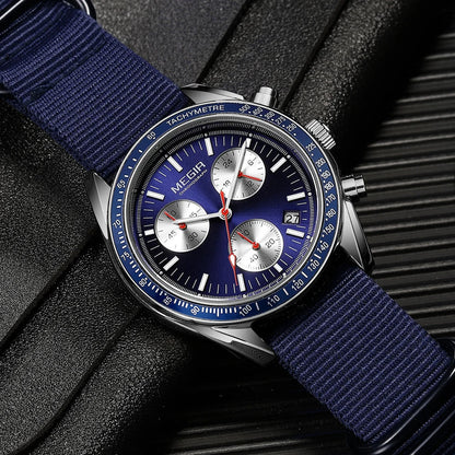 Quartz Chronograph Watch Blue Nylon Strap Waterproof