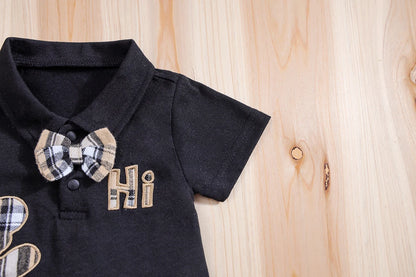 Back view of baby boys plaid bear bodysuit & trousers set