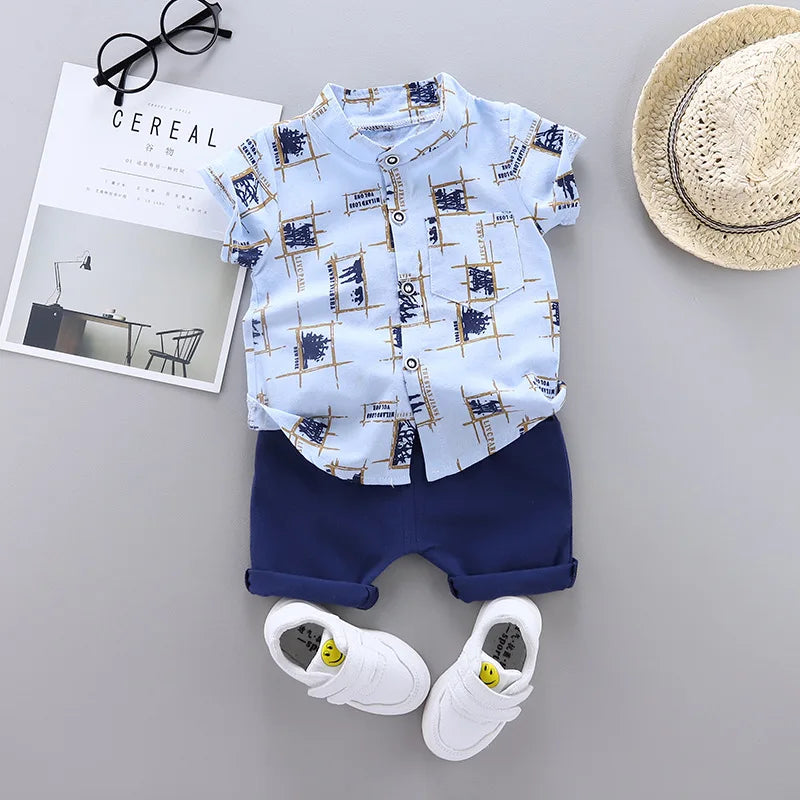 Different colour variation or layout view of the baby boys casual summer top and shorts set