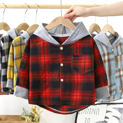 Boys plaid long sleeve hooded shirt jacket