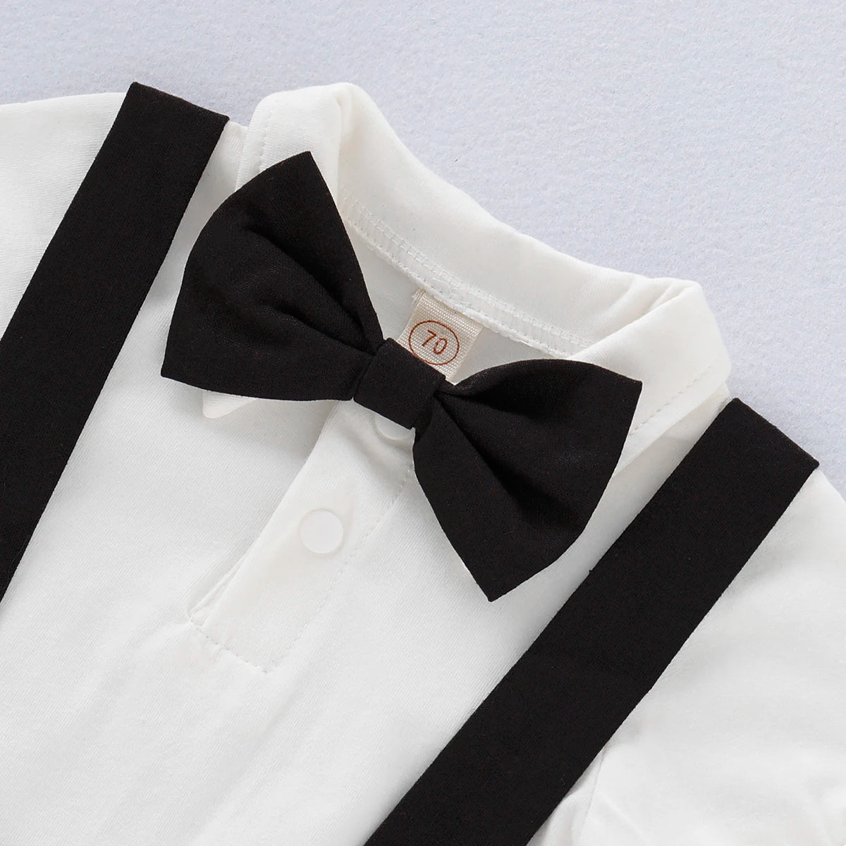 Back view of baby boys formal shirt & shorts romper set