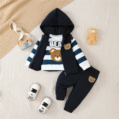 Back view of boys bear embroidery sweatshirt & joggers