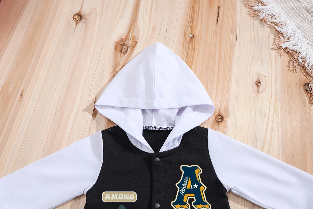 Side view of baby boys hooded baseball romper jumpsuit