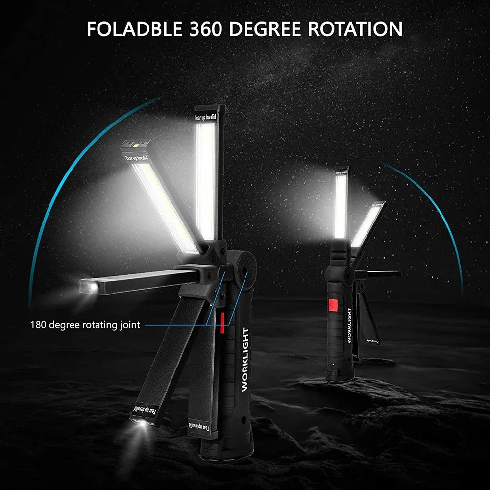 Rechargeable Camping LED Flashlight Work Light - IP64 Waterproof, 5 Modes, Magnet & Hook for Night Work