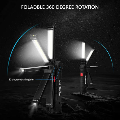 Rechargeable Camping LED Flashlight Work Light - IP64 Waterproof, 5 Modes, Magnet & Hook for Night Work