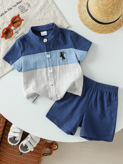 Focus on the neckline and sleeve features of the baby boys patchwork short sleeve shirt and shorts set