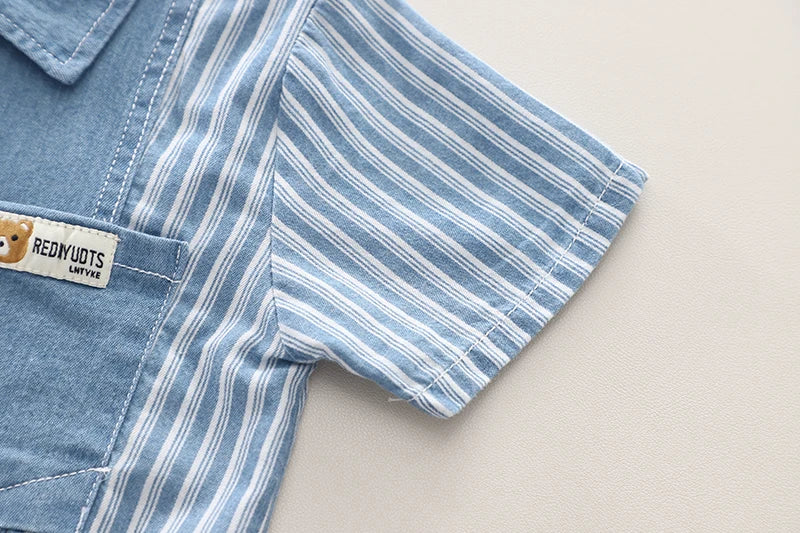 Side view of the boys striped shirt and denim shorts set - view 8