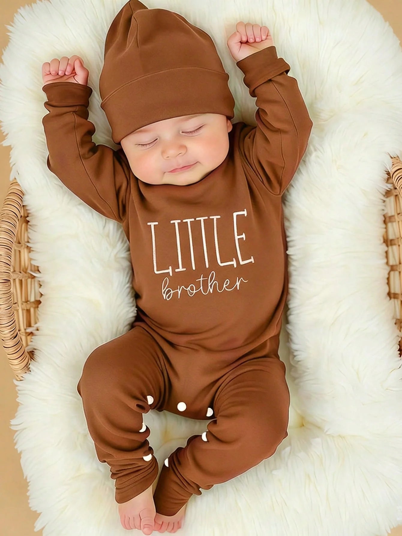Side or lifestyle view of newborn boys letter print button bodysuit and hat