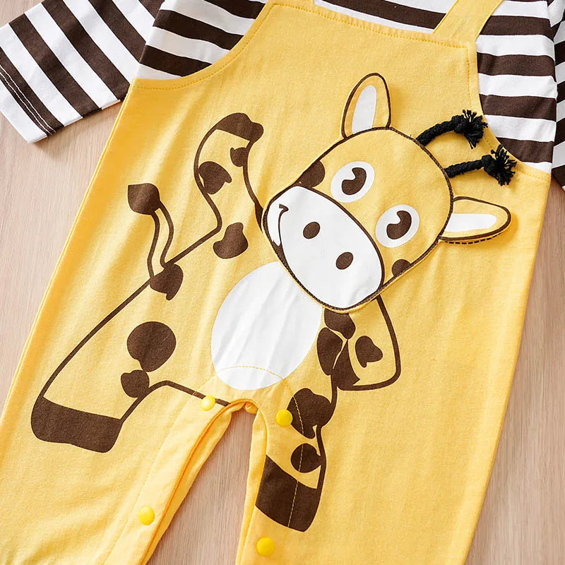 Different colour variation or layout view of the baby striped elephant and giraffe print romper