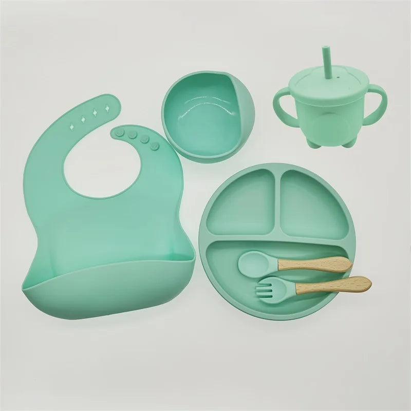 Baby Silicone Tableware Set 8 Piece Suction Bowls Divided Plate Bib Spoon Fork Fall 2025 Self Feeding Aid