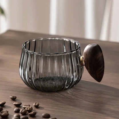 Stripe Heat-resistant Glass Coffee Mug 200ml with Wooden Handle for Latte, Milk, Tea