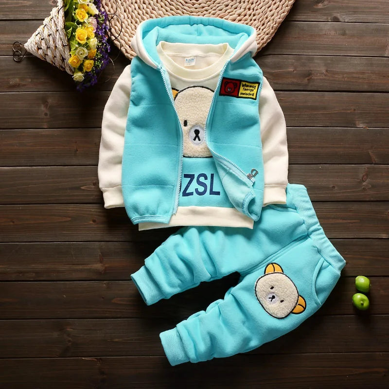 Kids three-piece winter sleepwear set in thick velvet fleece with cartoon design