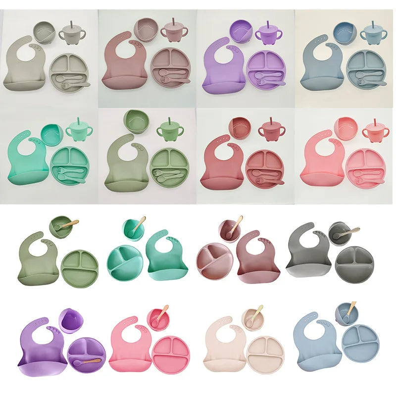 Baby Silicone Tableware Set 8 Piece Suction Bowls Divided Plate Bib Spoon Fork Fall 2025 Self Feeding Aid