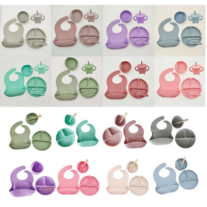 Baby Silicone Tableware Set 8 Piece Suction Bowls Divided Plate Bib Spoon Fork Fall 2025 Self Feeding Aid