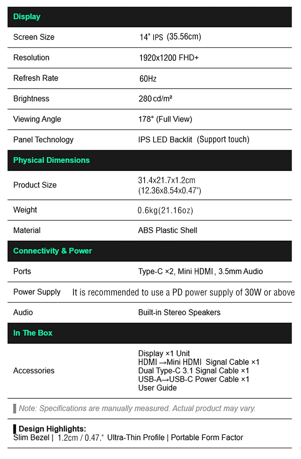 Portable Monitor 14.1 Inch Touch IPS HDR10 Second Screen