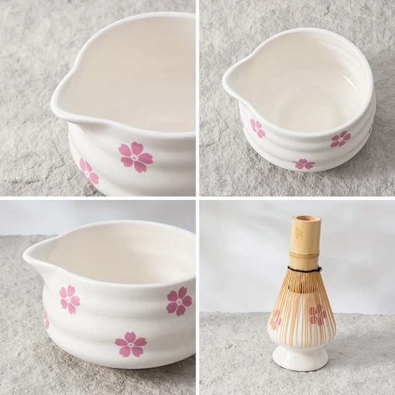 Matcha Bowl White Ceramic Sakura Matcha Tea Set With Bamboo Whisk And Strainer Spring 2025 Gift