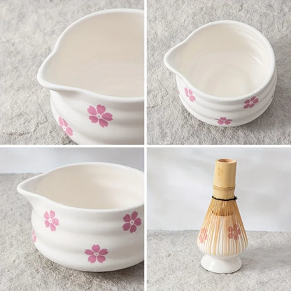 Matcha Bowl White Ceramic Sakura Matcha Tea Set With Bamboo Whisk And Strainer Spring 2025 Gift