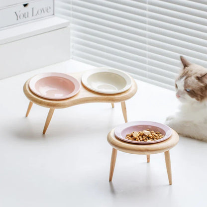 Cat Ceramic Bowl Set Height Adjustable Elevated Wooden Stand Double Food Water Bowls Fall 2025 Mess Free Feeding