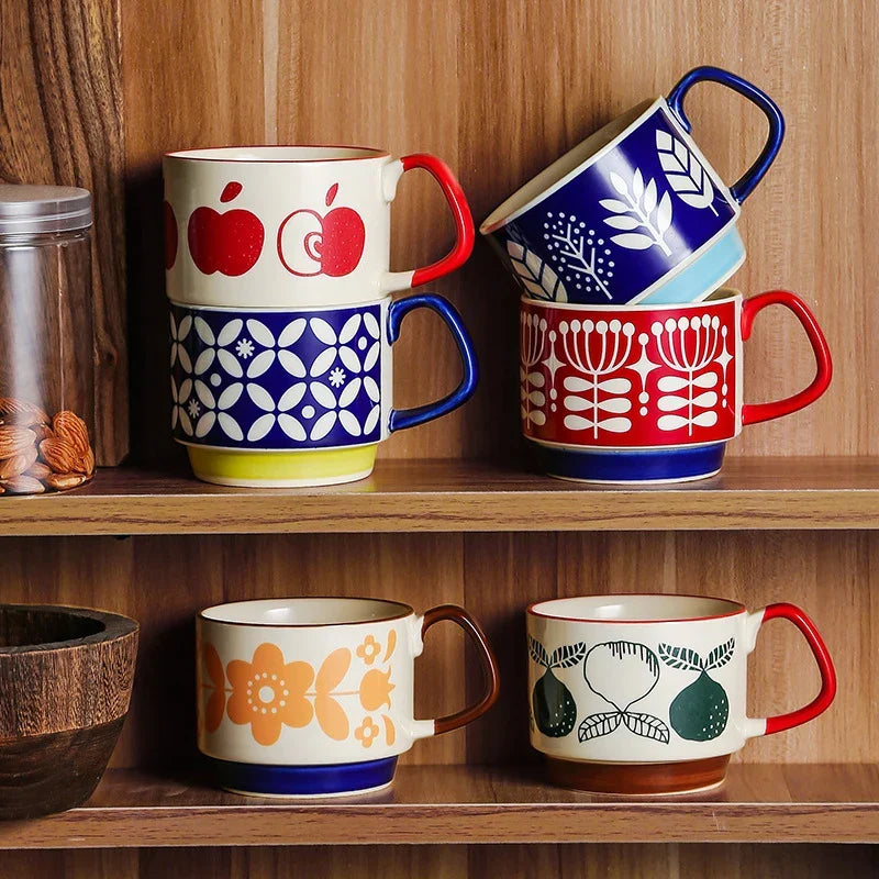 Coffee Mug 300ml Japanese Flower Ceramic Set Retro Drinkware Office Entertaining Fall 2025 Ergonomic Handgrip Gift
