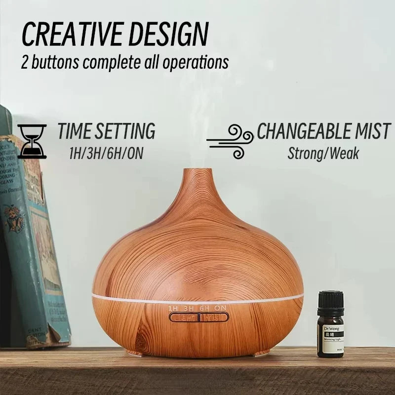 Air Humidifier Aromatherapy Essential Oil Diffuser 500ml Wood Grain Remote Control with 7 Color Lights for Home