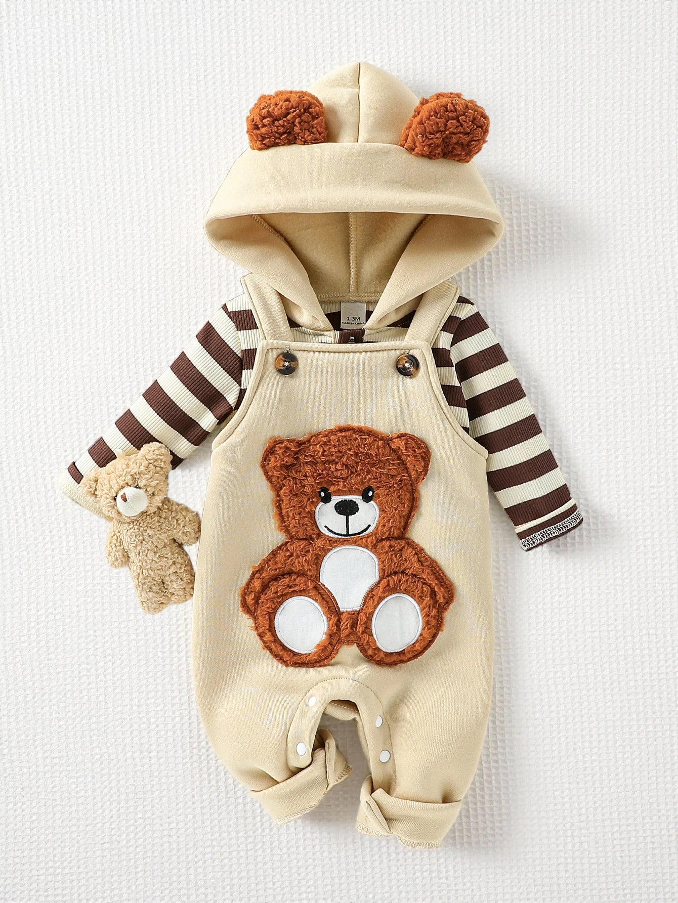 Alternative angle of baby boys striped hoodie and bear overalls set