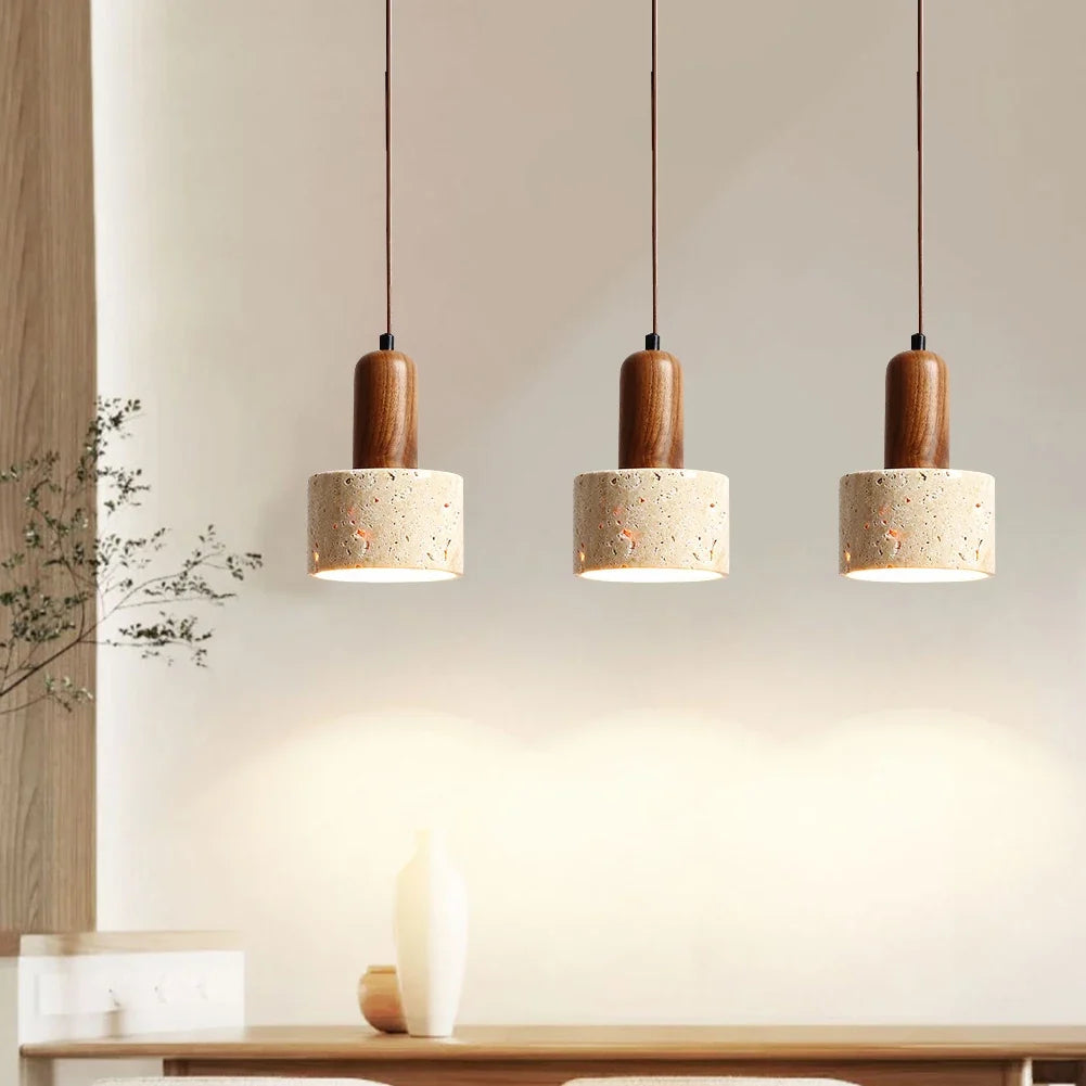 Japandi Japanese Pendant Light Wood And Travertine Bedside Lamp