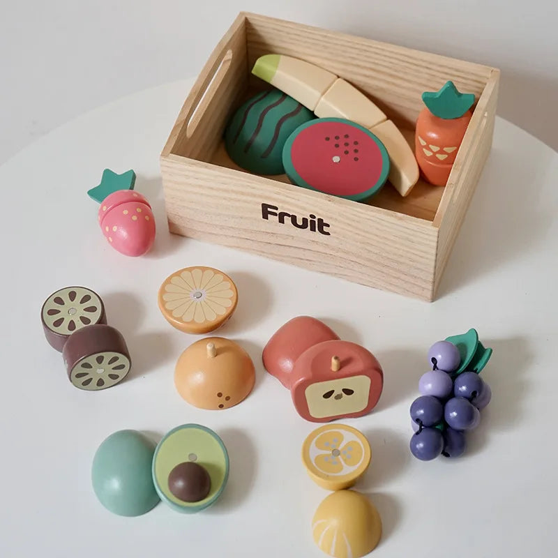 Wooden Kids Kitchen Playset with Cutting Food Accessories - Fruits, Vegetables & Bakery Toys