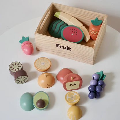 Wooden Kids Kitchen Playset with Cutting Food Accessories - Fruits, Vegetables & Bakery Toys