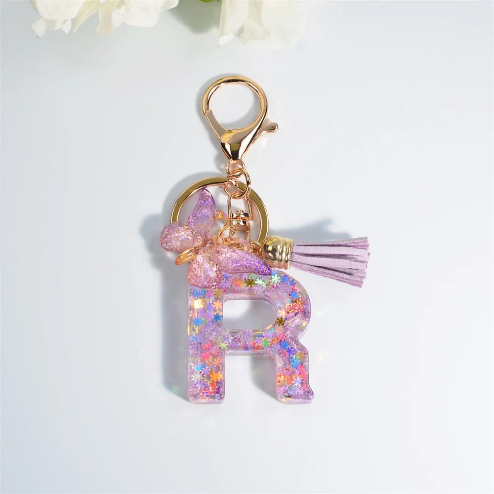 Sequin Letter Keychain With Butterfly Tassel Charm