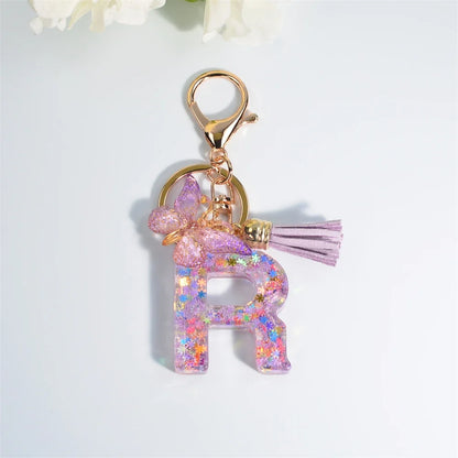 Sequin Letter Keychain With Butterfly Tassel Charm