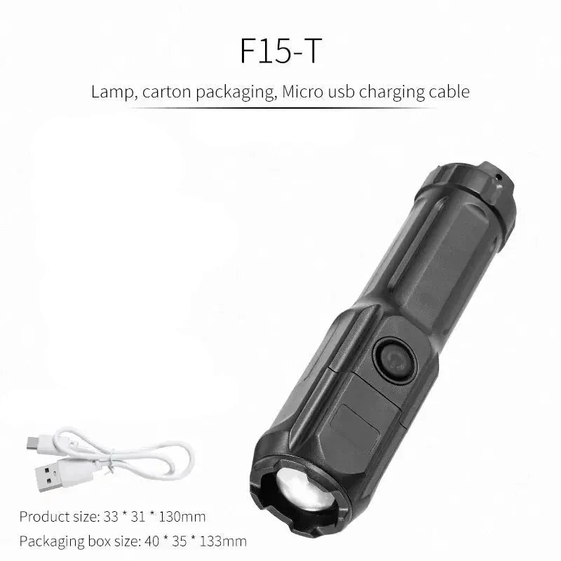 Telescopic Zoom Tactical Flashlight - Rechargeable LED Torch, 4 Lighting Modes, Waterproof for Camping and Fishing