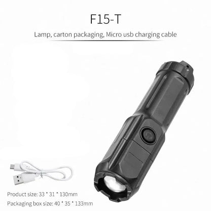 Telescopic Zoom Tactical Flashlight - Rechargeable LED Torch, 4 Lighting Modes, Waterproof for Camping and Fishing