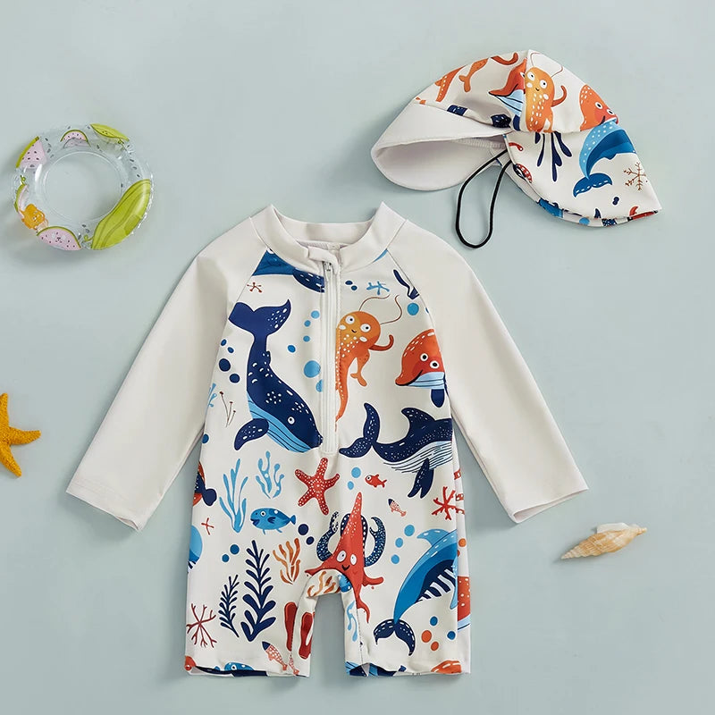 Matching swim trunks and hat from boys beachwear set