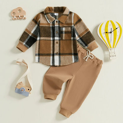 Baby boys two-piece outfit with plaid long-sleeve shirt and elastic pants