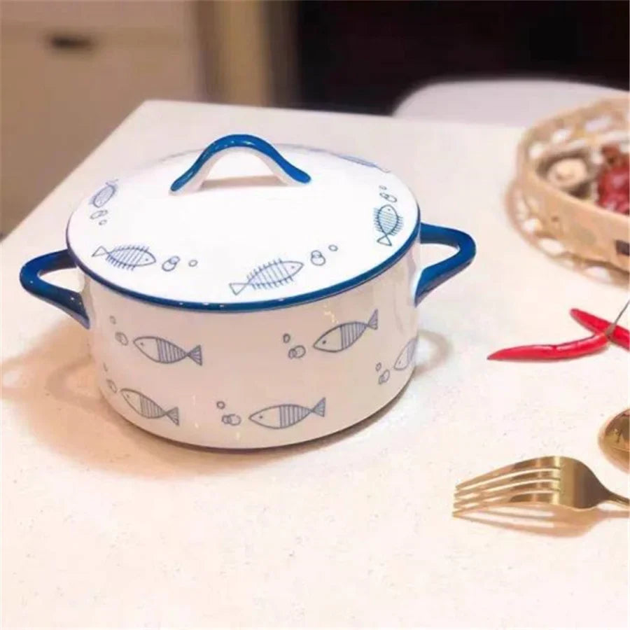 Ceramic 1000ml Covered Noodle Bowl Microwave Safe With Lid