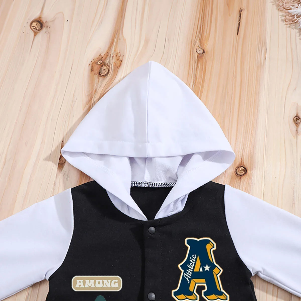 Back view of baby boys hooded baseball romper jumpsuit