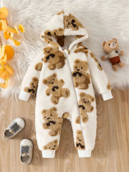 Alternative angle of baby girls fluffy teddy bear print onesie