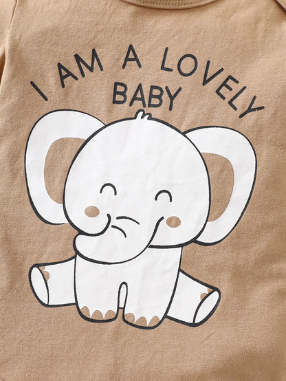 Close up highlighting the hem and stitching on the baby boys elephant print romper four-piece set