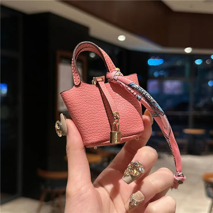 Birkin Inspired Mini Hand Bag - Leather Basket Bag Charm Keychain & Earphone Case