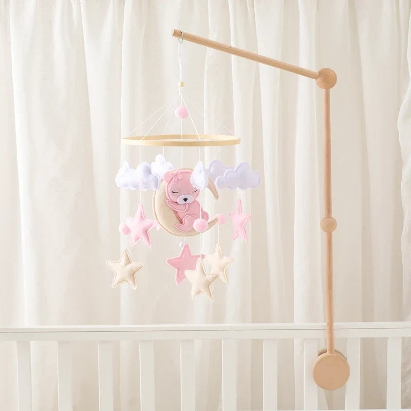 Wooden Crib Mobile Felt Bear Musical Newborn Sensory Toys