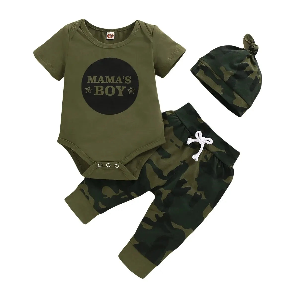 Close up highlighting the hem and stitching on the baby boys camouflage shorts and letter print romper set