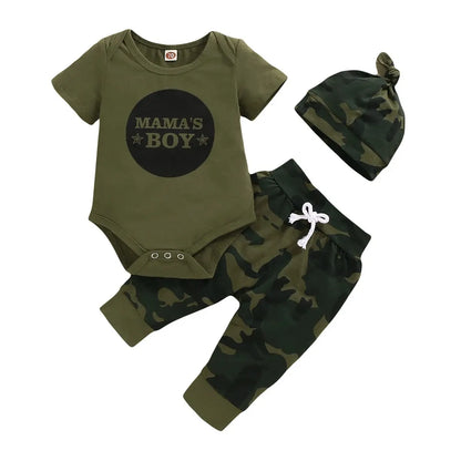 Close up highlighting the hem and stitching on the baby boys camouflage shorts and letter print romper set
