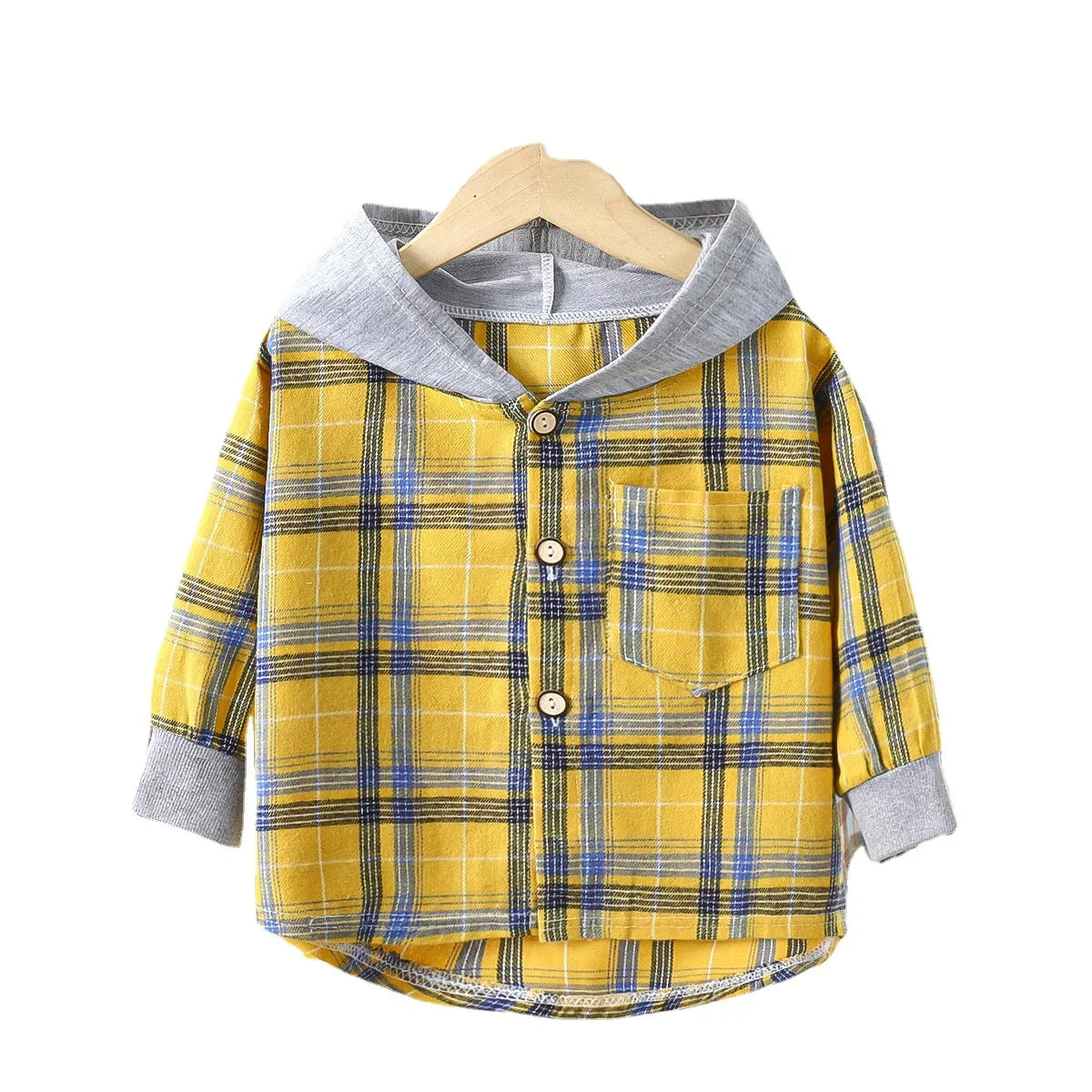 Back view of boys plaid long sleeve hooded jacket