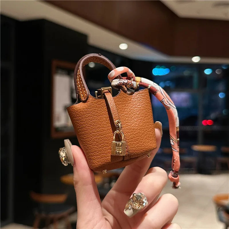 Birkin Inspired Mini Hand Bag - Leather Basket Bag Charm Keychain & Earphone Case