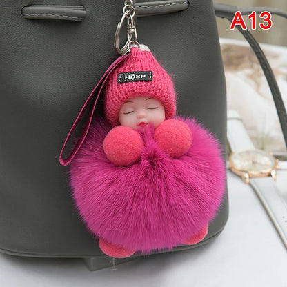 Pompom Sleeping Baby Keychain Plush Bag Charm Cute Gift