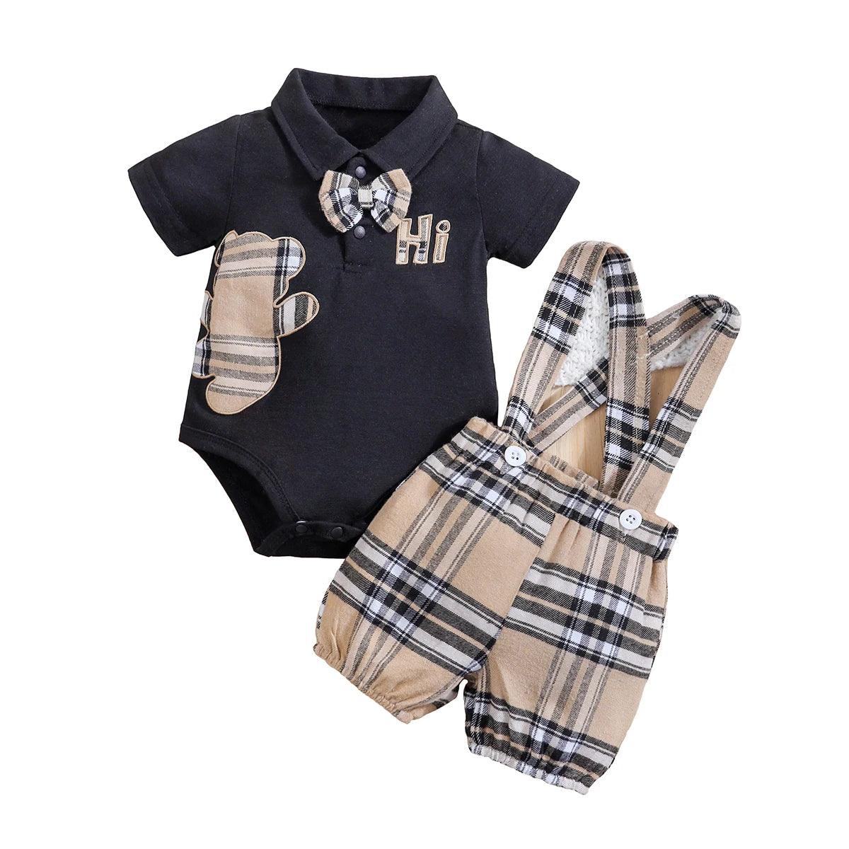 Styling option for baby boys plaid bear bodysuit & trousers set