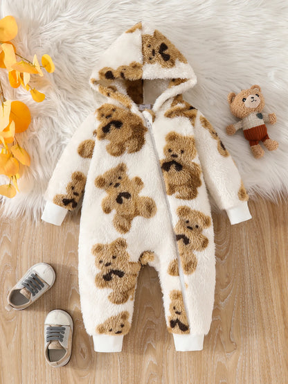 Baby girls fluffy long-sleeve onesie featuring an all-over teddy bear print