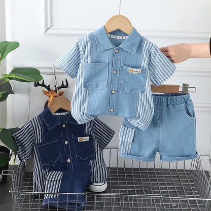 Style angle showing the boys striped shirt and denim shorts set - view 3