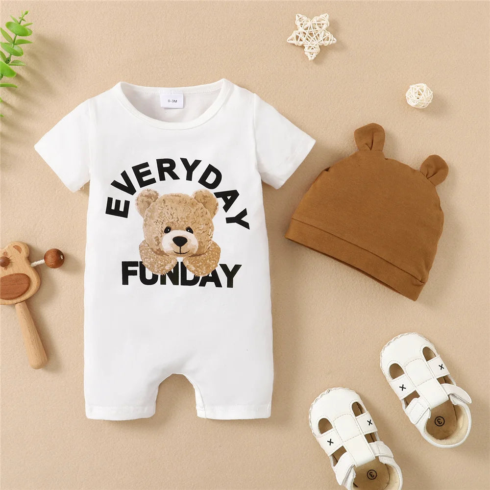 Detail view showing the fabric finish and pattern of the baby boys panda bear short sleeve romper and hat set