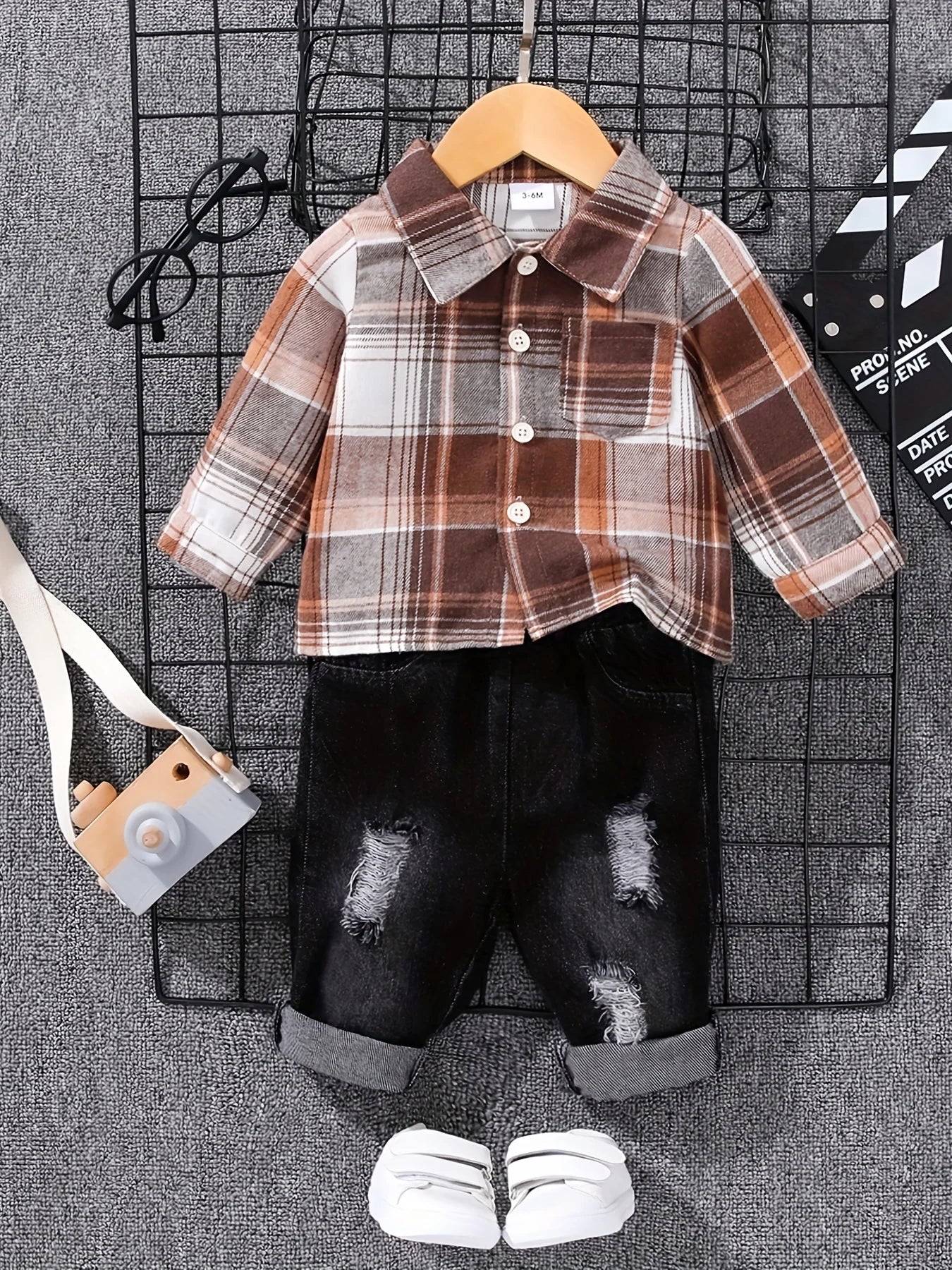 Styling option for boys tartan polo shirt & denim trousers set